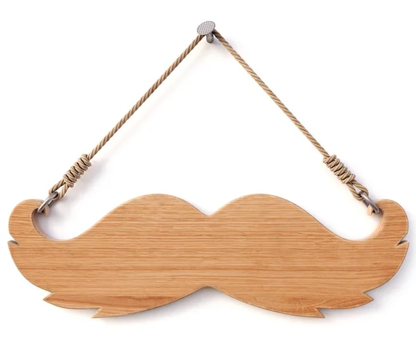Wooden sign with mustache and beard for barbershop with rope hanging on a nail. Isolated on white background. 3d rendering. — Stock Photo, Image