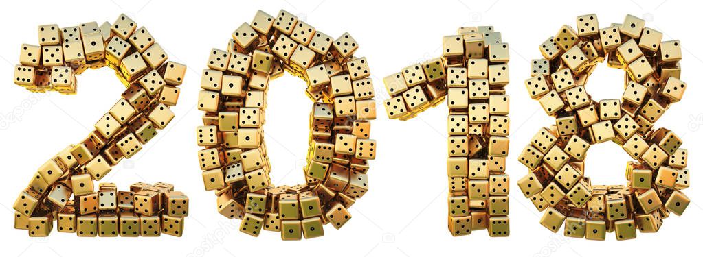 new 2018 year from the golden dice. isolated on white. 3D illustration.