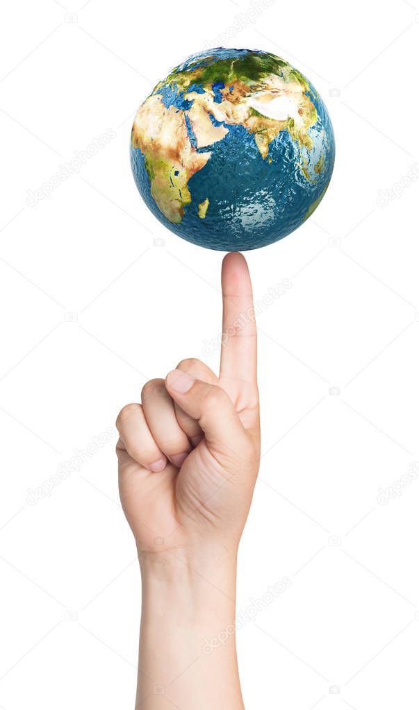 Planet earth on the finger. Elements of this image furnished by NASA. 3D illustration.