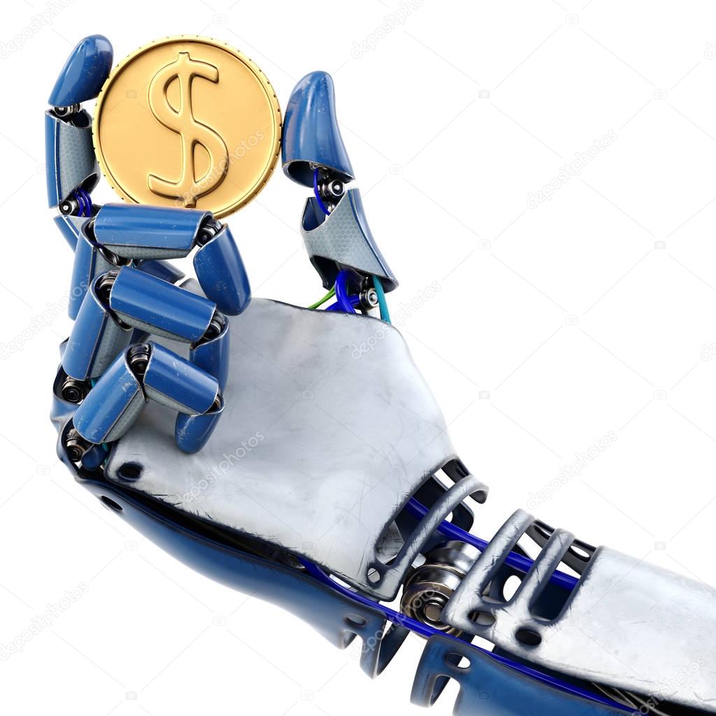 Robot's hand holding golden coin. Isolated on white background. 3d rendering.