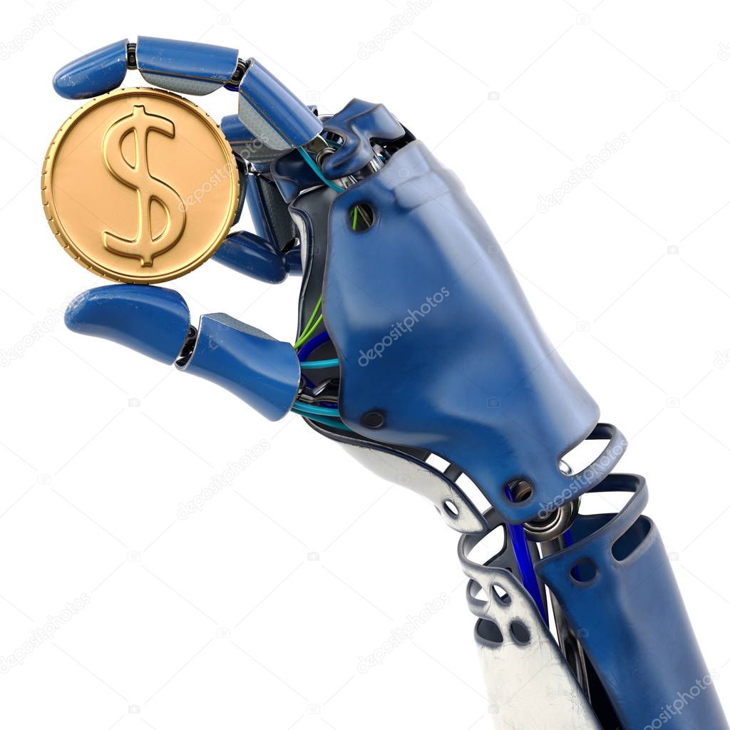 Robot's hand holding golden coin. Isolated on white background. 3d rendering.