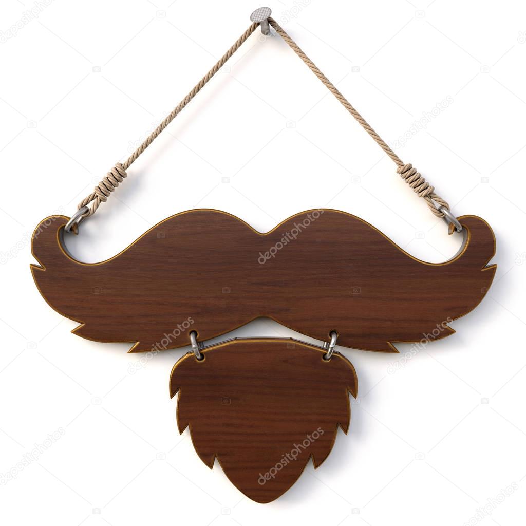 Wooden sign with mustache and beard for barbershop with rope hanging on a nail. Isolated on white background. 3d rendering.