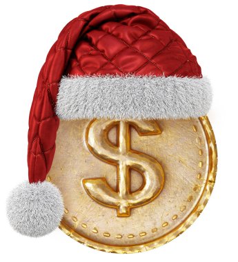 Noel Baba kırmızı şapkalı beyaz arka plan üzerinde izole dolar işareti olan altın sikke.