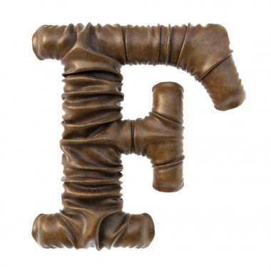 Alfabe harf F ile gerçekçi kıvrımlar beyaz arka plan üzerinde izole kahverengi deri yaptı.