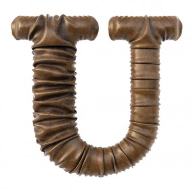 Alfabe harf U ile gerçekçi kıvrımlar beyaz arka plan üzerinde izole kahverengi deri yaptı.