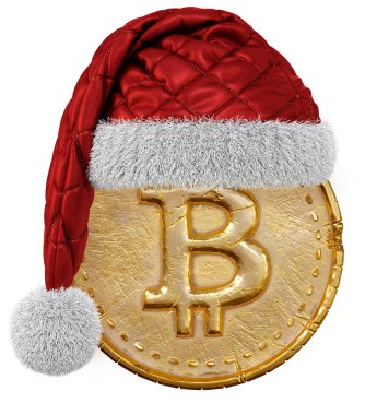 Altın madeni para ile bitcoin beyaz arka plan üzerinde izole Santa Claus kırmızı şapka oturum açmak.