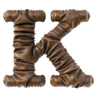 Alfabe harf K kahverengi deri beyaz arka plan üzerinde izole gerçekçi kıvrımları ile yapılan.