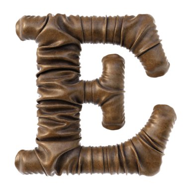 Alfabe harf E kahverengi deri beyaz arka plan üzerinde izole gerçekçi kıvrımları ile yapılan.