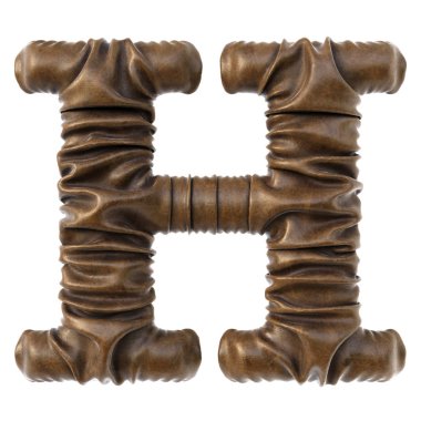 Alfabe harf H ile gerçekçi kıvrımlar beyaz arka plan üzerinde izole kahverengi deri yaptı.