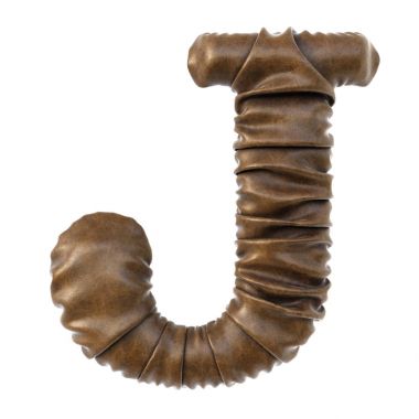 Alfabe harf J ile gerçekçi kıvrımlar beyaz arka plan üzerinde izole kahverengi deri yaptı.