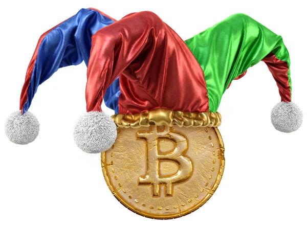 Goldmünze Mit Bitcoin Zeichen Narrenkappe Isoliert Auf Weißem Hintergrund — Stockfoto