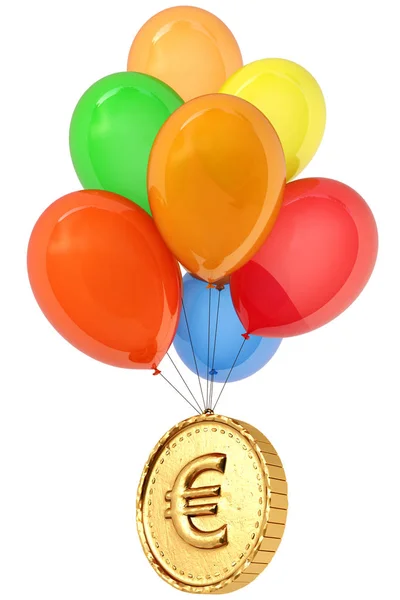 Gouden Munt Met Eurosymbool Vliegen Ballonnen Geïsoleerd Witte Achtergrond — Stockfoto