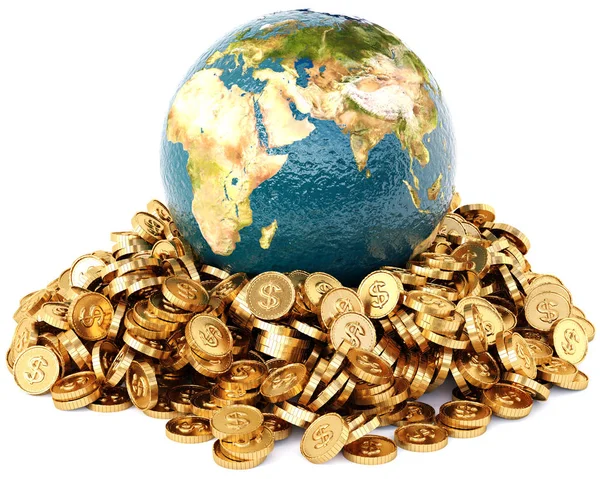 Global Economy Concept Dollar Coins Globe Isolated White Background — Stock Photo, Image