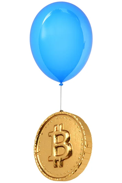 Złote Monety Bitcoin Znak Latający Balon Białym Tle — Zdjęcie stockowe