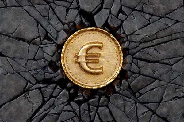 Gouden Munt Met Eurosymbool Breken Rots — Stockfoto