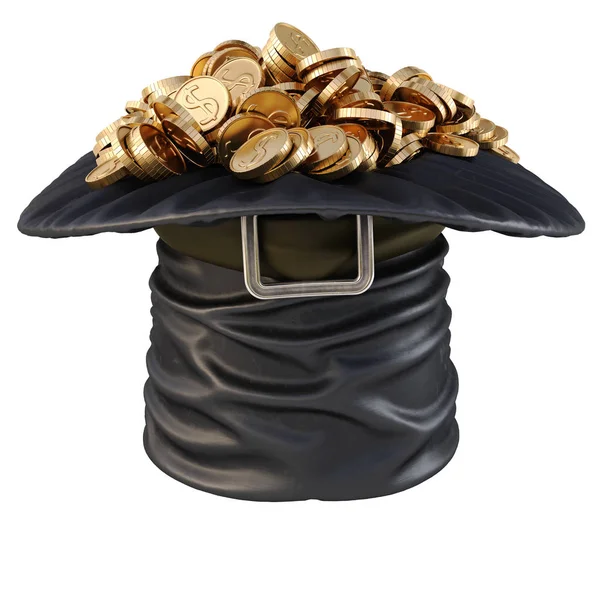 Черная Шляпа Золотыми Монетами Белом Фоне — стоковое фото