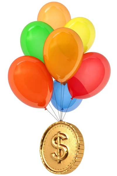 Goldmünze Mit Dollarzeichen Fliegt Auf Luftballons Isoliert Auf Weißem Hintergrund — Stockfoto