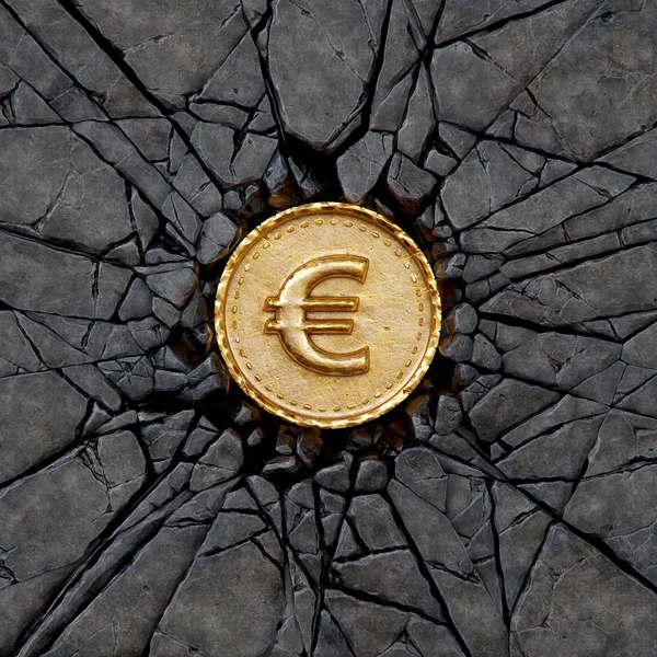 Moeda Ouro Com Sinal Euro Quebrando Rocha — Fotografia de Stock