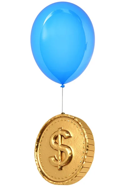 Goldmünze Mit Dollarzeichen Fliegt Auf Ballon Isoliert Auf Weißem Hintergrund — Stockfoto