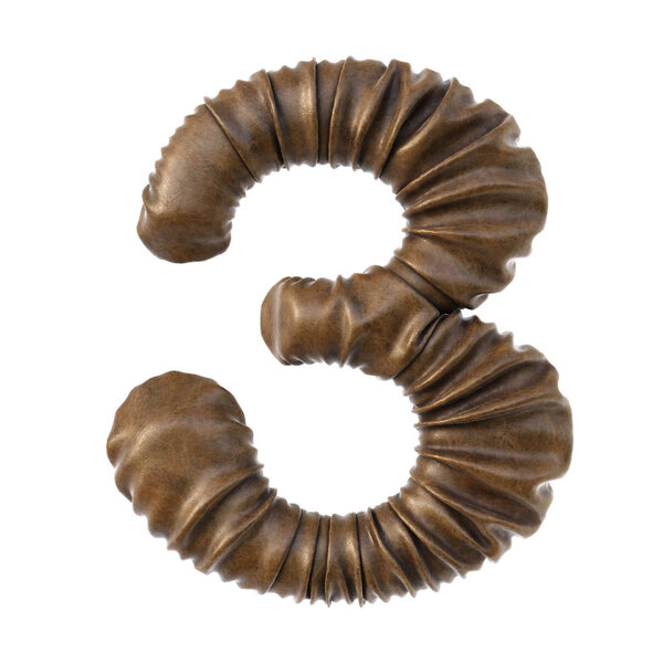 Number 3 made from brown leather with realistic folds isolated on white background