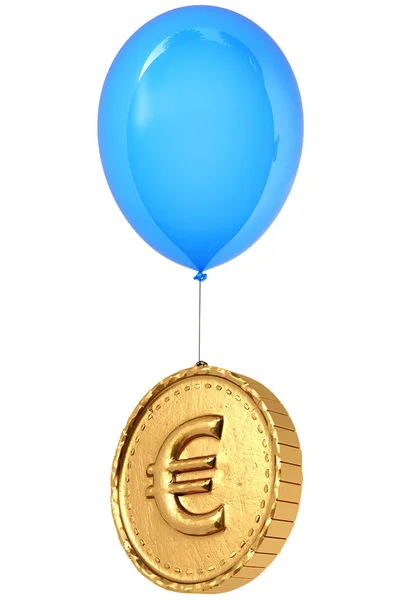 Gouden Munt Met Eurosymbool Vliegen Ballon Geïsoleerd Witte Achtergrond — Stockfoto