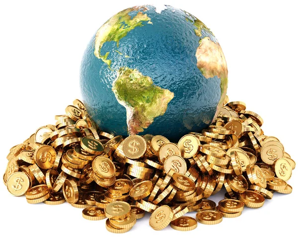 Concept Économie Mondiale Avec Pièces Dollars Globe Isolé Sur Fond — Photo