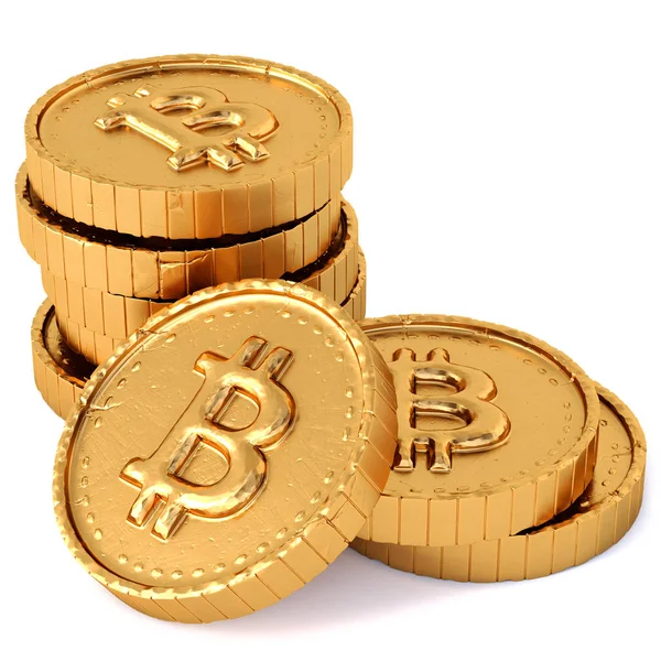 Högen Gyllene Mynt Med Bitcoin Skylt Isolerad Vit Bakgrund Stockbild