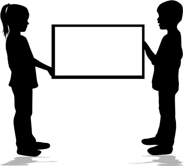 Deux enfants avec l'affiche, silhouettes noires conceptuelles . — Image vectorielle
