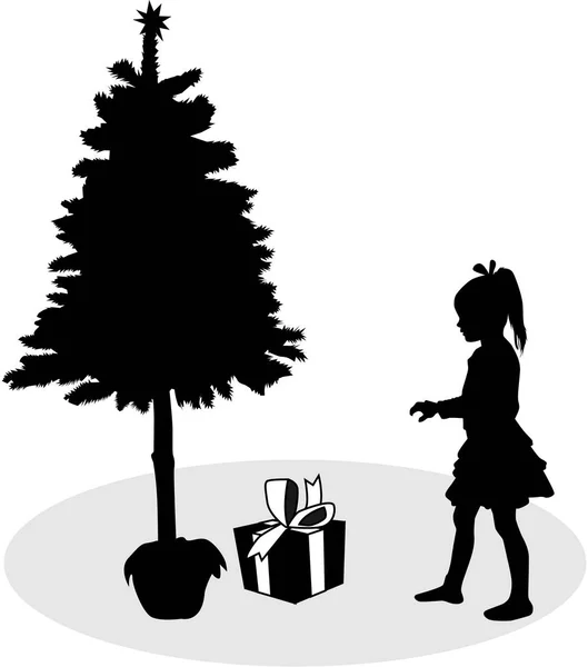 Silueta de una niña bajo el árbol de Navidad . — Vector de stock