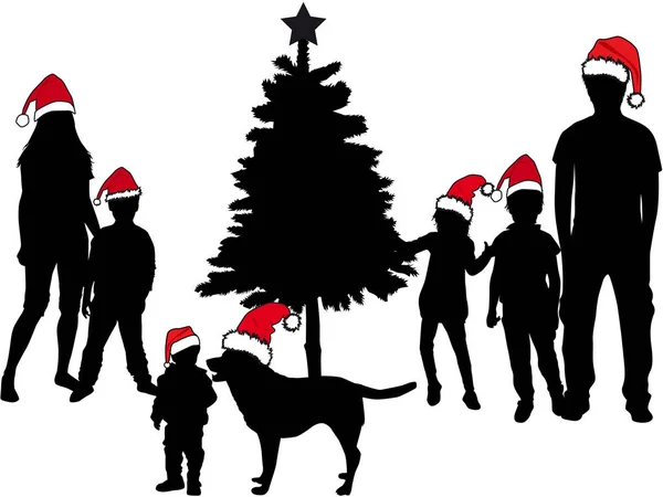 Familia en el árbol de Navidad. Siluetas negras . — Vector de stock