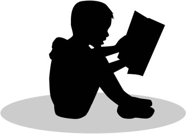 Bir kitap okuma bir çocuk silüeti.