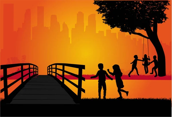 Silhouettes of children playing. — Stock Vector