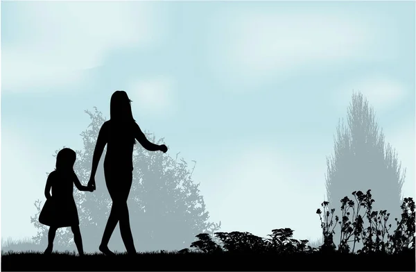 Silhouette family on a walk. — Stock Vector