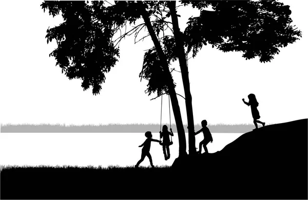 Children silhouette in nature . — Stock Vector