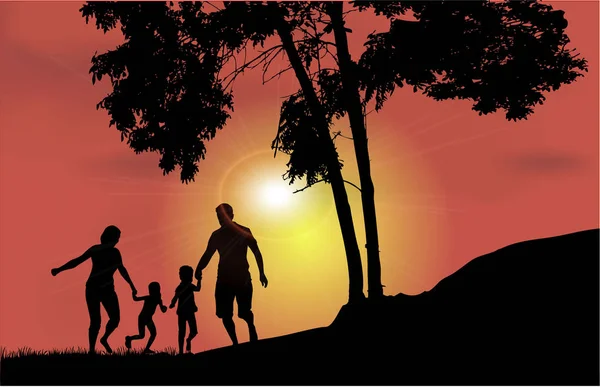 Rodzina spacer na zachód słońca — Wektor stockowy