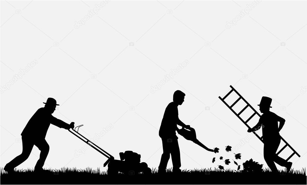 Silhouettes of people cleaning the garden.