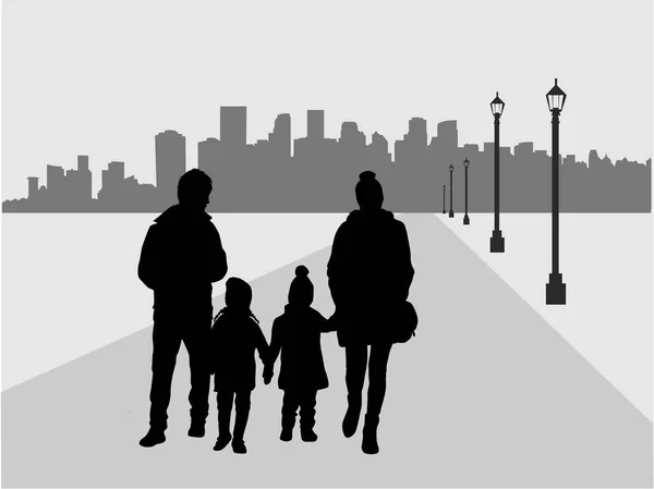 Familiensilhouette, urbaner Hintergrund. — Stockvektor