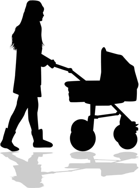 Мама гуляет с ребенком в детской коляске . — стоковый вектор