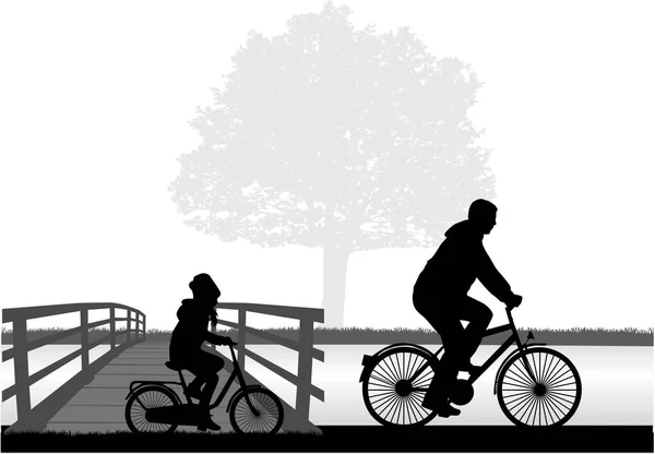 Pai e filha em uma bicicleta . — Vetor de Stock
