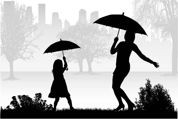 Silhouettes under the umbrella. — Stock Vector