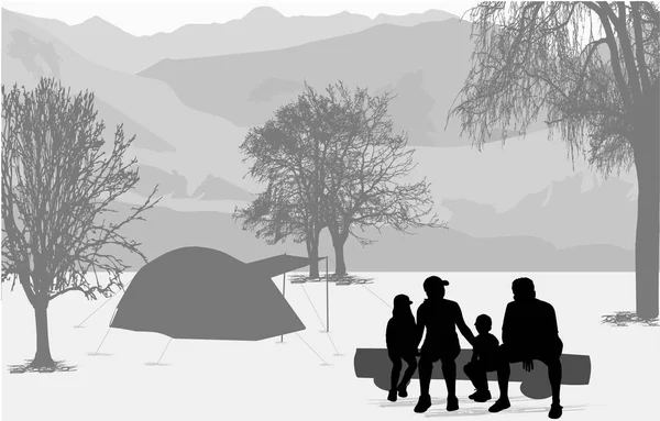Οικογένεια στις διακοπές - κάμπινγκ στο βουνό. — Διανυσματικό Αρχείο