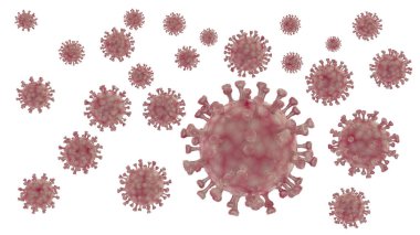 Virüs parçacıkları grubu. Beyaz arkaplanda 3 boyutlu Coronavirus patojeni çizimi izole edildi.