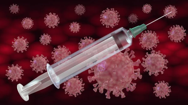 Coronavirus kolonisinin arka planına karşı tıbbi şırınga - 3 boyutlu illüstrasyon.