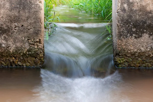 Water flows through the floodgate in the irrigation canal quickly.Water management, irrigation system, irrigation dam, irrigation canal To send to agricultural plots. To solve drought in northeast