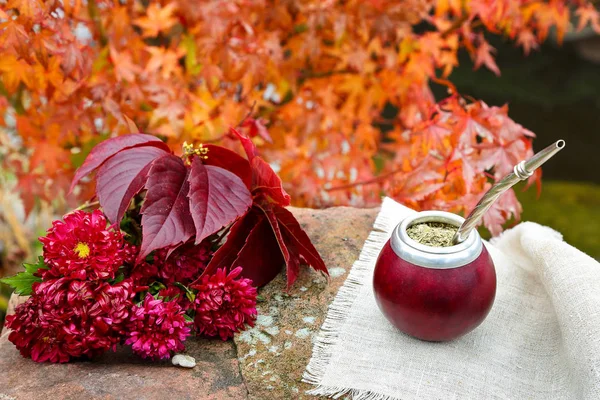 Chá de companheiro em um calabash em uma mesa de pedra no jardim — Fotografia de Stock