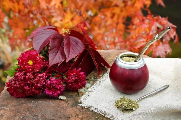 Mate-Tee in einer Kalebasse auf einem Steintisch im Garten — Stockfoto