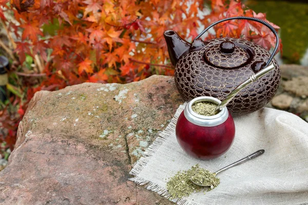 Herbata Mate w tykwa na stół kamień w ogrodzie — Zdjęcie stockowe