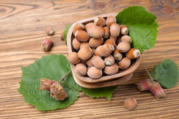 Hazelnuts in a wooden bowl Stock Picture