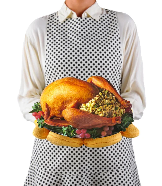 Vrouw met Thanksgiving kalkoen — Stockfoto