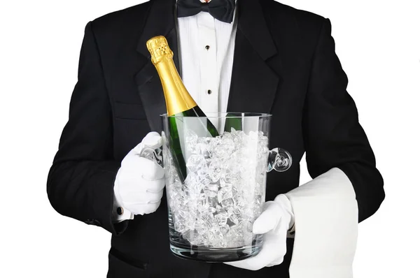 Ober met Champagne ijsemmer — Stockfoto